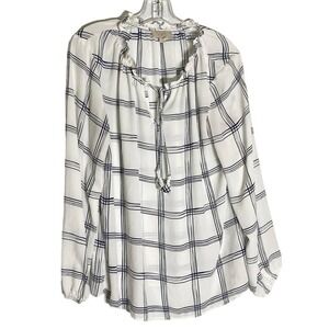 LOFT Outlet Womens Large White Navy Blue Grid Plaid Ruffle Tie Neck Blouse L